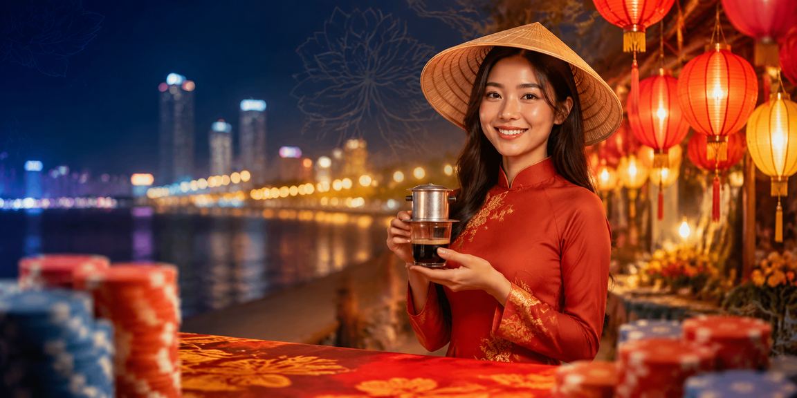 Khung cảnh biển Nha Trang buổi tối với người dùng tham gia giải trí casino trực tuyến tại quán cà phê