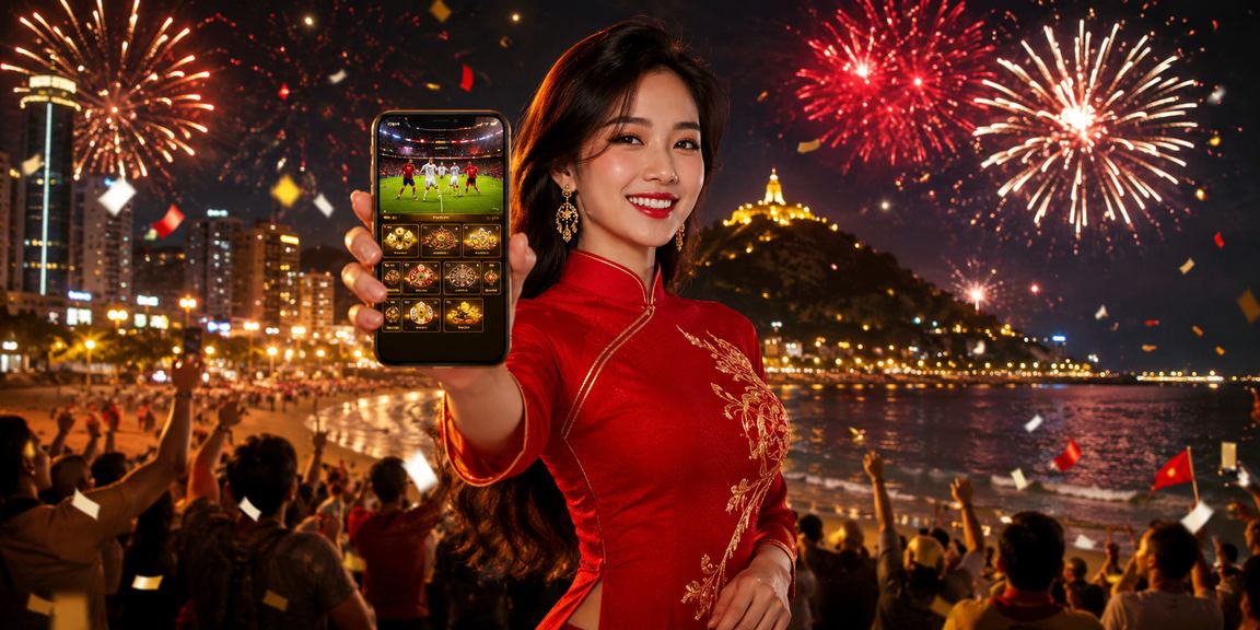 Người phụ nữ mặc áo dài tại Vũng Tàu trải nghiệm casino mobile trong khung cảnh biển